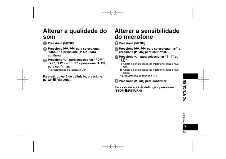 Alterar a qualidade do som, Alterar a sensibilidade do microfone | Panasonic RRXS350E User Manual | Page 159 / 178