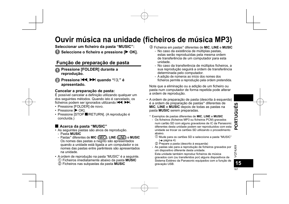 Ouvir música na unidade (ficheiros de música mp3), Função de preparação de pasta | Panasonic RRXS350E User Manual | Page 167 / 178