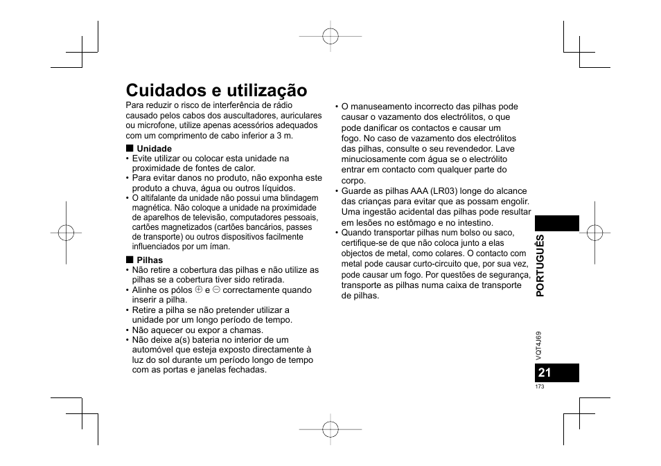 Cuidados e utilização | Panasonic RRXS350E User Manual | Page 173 / 178