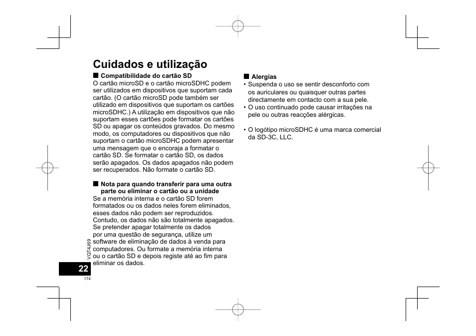 Cuidados e utilização | Panasonic RRXS350E User Manual | Page 174 / 178