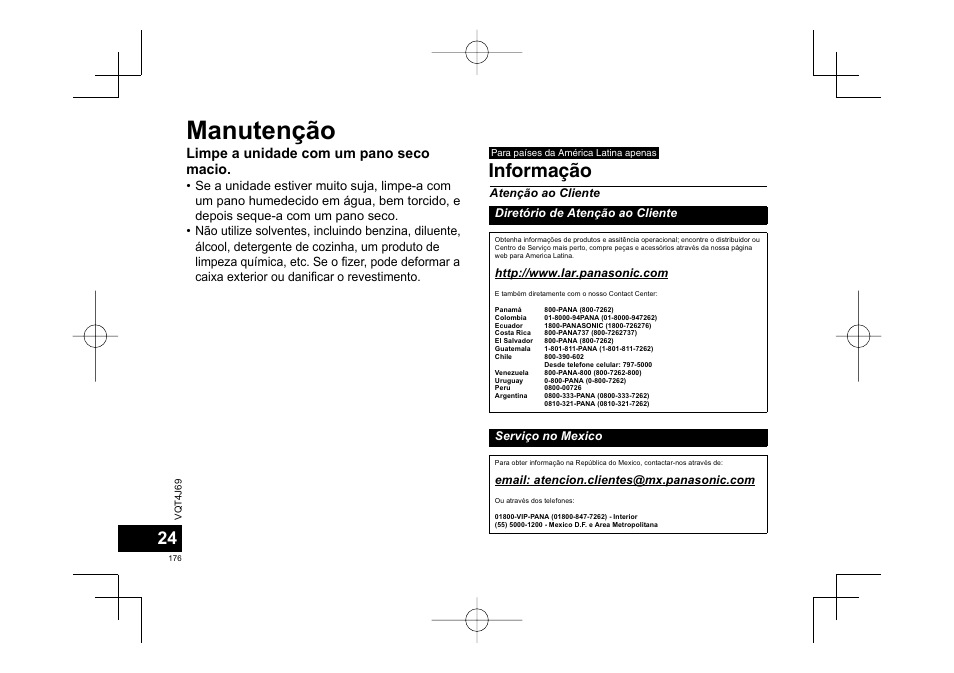 Manutenção, Informação, Limpe a unidade com um pano seco macio | Panasonic RRXS350E User Manual | Page 176 / 178