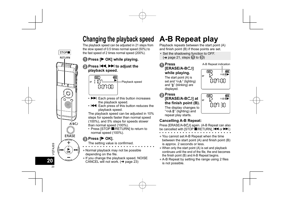 Changing the playback speed a-b repeat play | Panasonic RRXS350E User Manual | Page 20 / 178