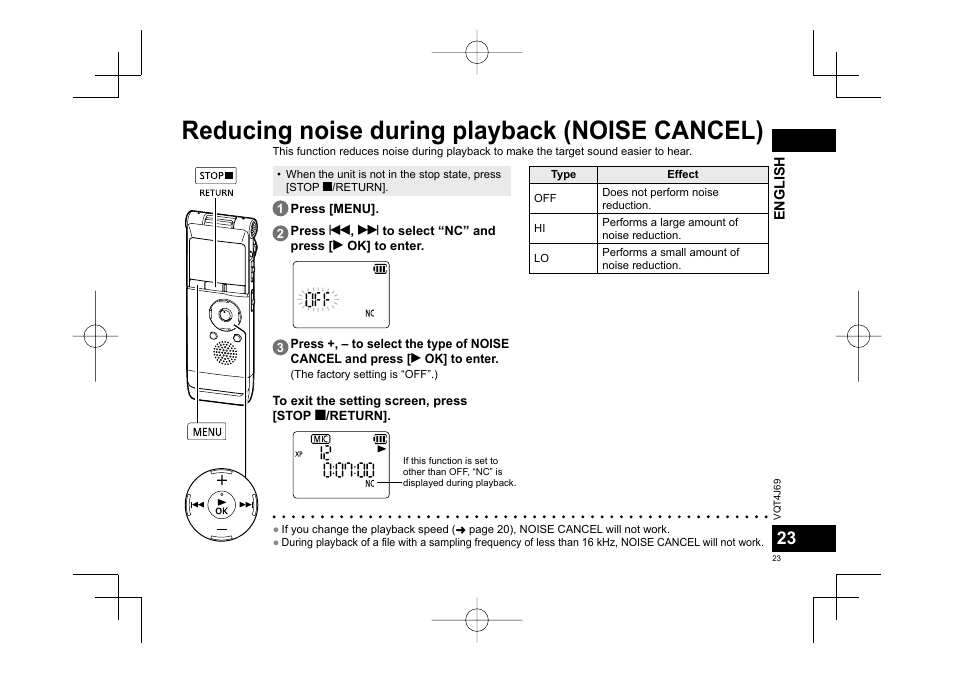 Reducing noise during playback (noise cancel) | Panasonic RRXS350E User Manual | Page 23 / 178