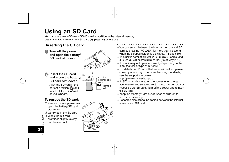 Using an sd card, Inserting the sd card 1 | Panasonic RRXS350E User Manual | Page 24 / 178