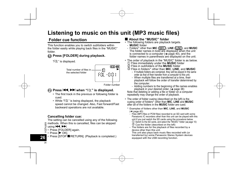 Listening to music on this unit (mp3 music files), Folder cue function | Panasonic RRXS350E User Manual | Page 26 / 178