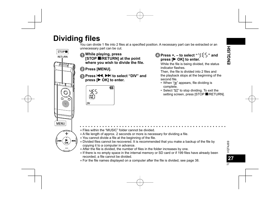 Dividing files | Panasonic RRXS350E User Manual | Page 27 / 178