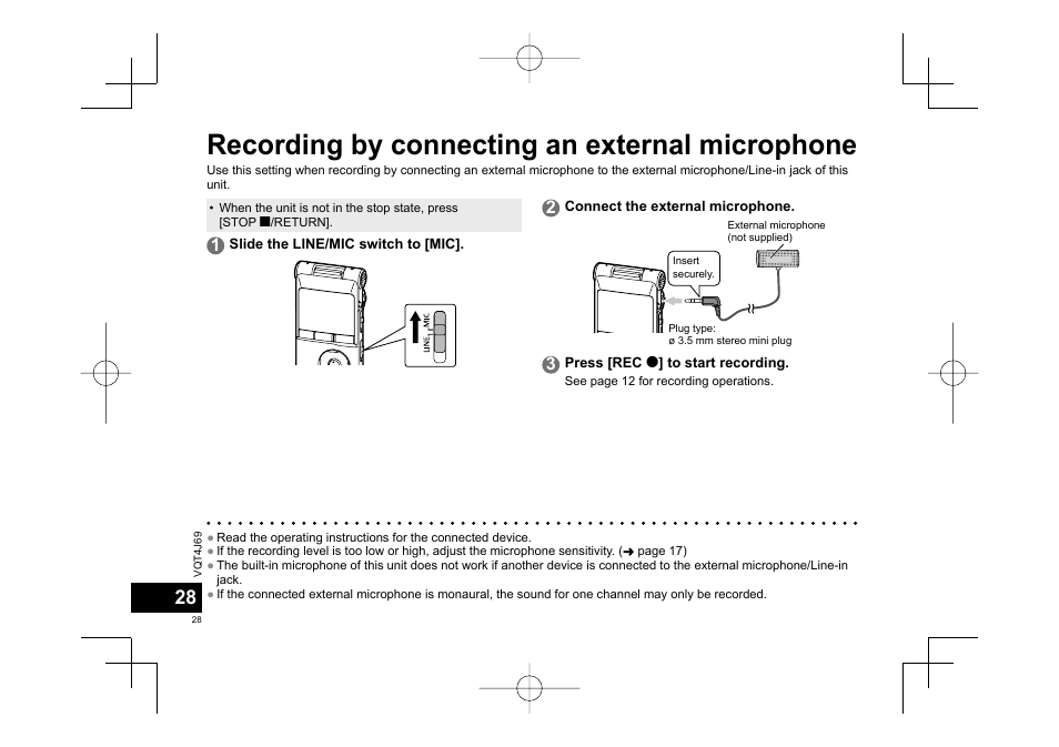 Recording by connecting an external microphone | Panasonic RRXS350E User Manual | Page 28 / 178