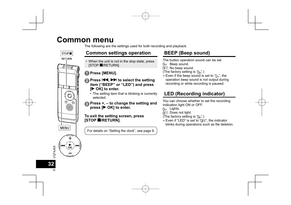 Common menu, Common settings operation, Beep (beep sound) | Led (recording indicator) | Panasonic RRXS350E User Manual | Page 32 / 178