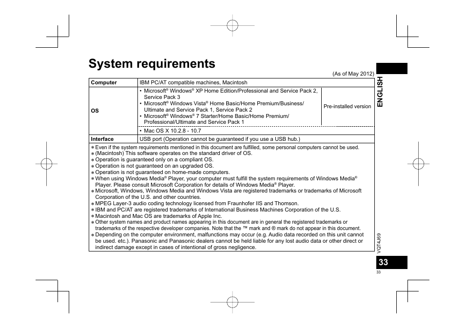 System requirements | Panasonic RRXS350E User Manual | Page 33 / 178