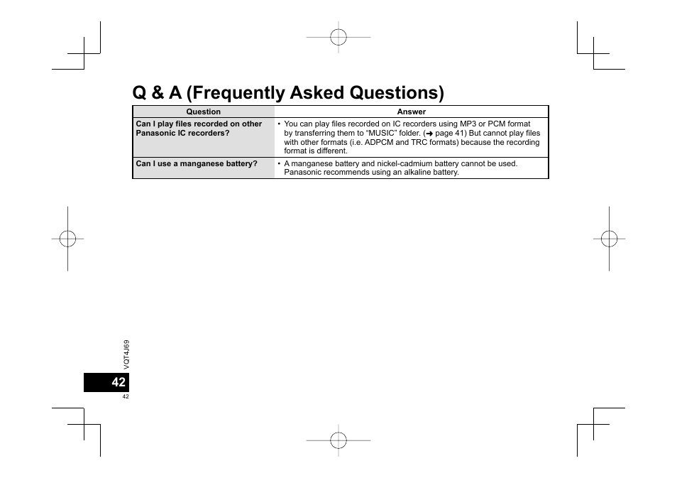 Q & a (frequently asked questions) | Panasonic RRXS350E User Manual | Page 42 / 178