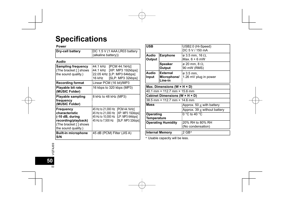 Specifications | Panasonic RRXS350E User Manual | Page 50 / 178