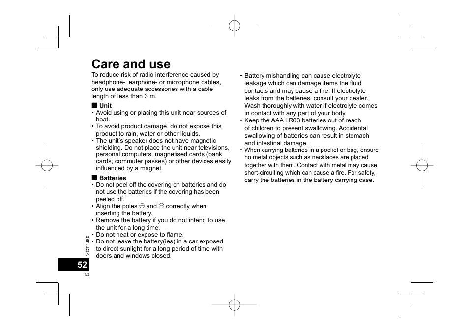 Care and use | Panasonic RRXS350E User Manual | Page 52 / 178