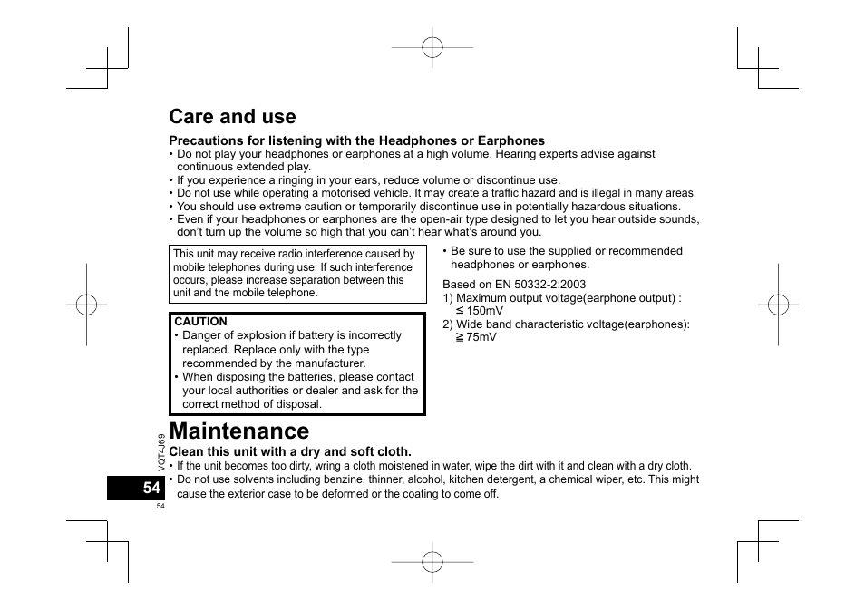 Maintenance, Care and use | Panasonic RRXS350E User Manual | Page 54 / 178