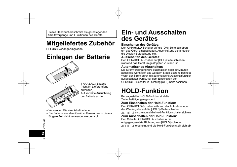 Mitgeliefertes zubehör einlegen der batterie, Ein- und ausschalten des gerätes hold-funktion | Panasonic RRXS350E User Manual | Page 58 / 178