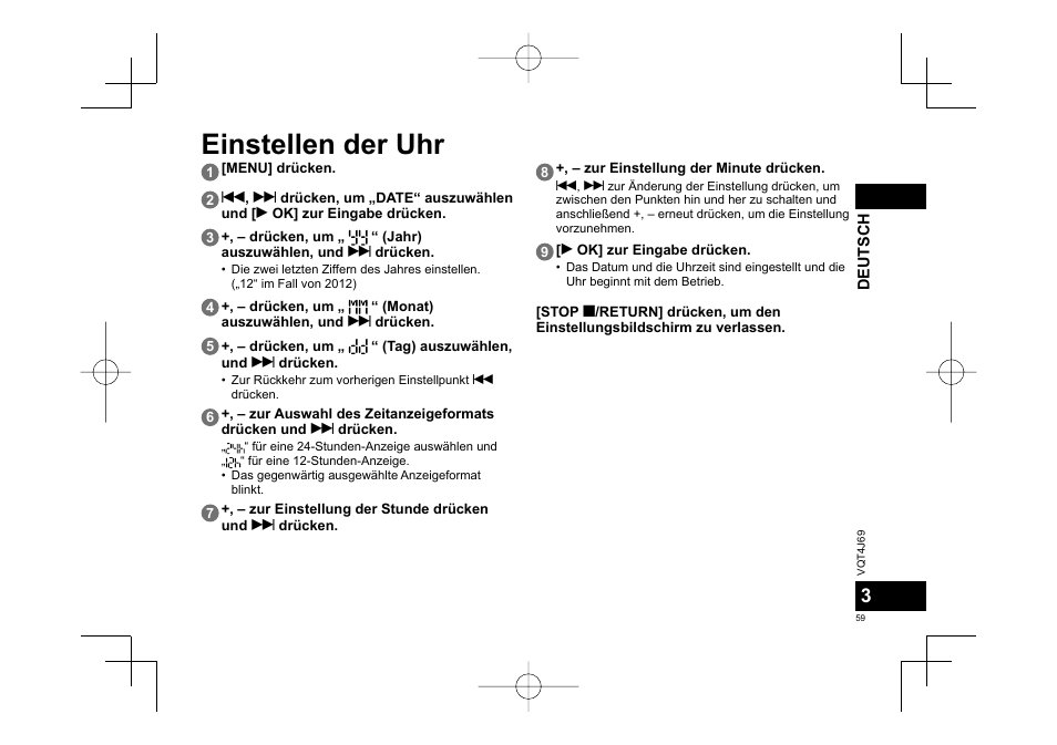 Einstellen der uhr | Panasonic RRXS350E User Manual | Page 59 / 178