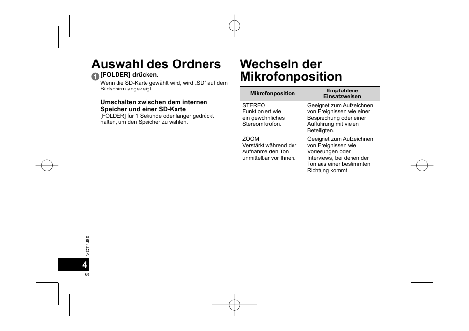 Auswahl des ordners, Wechseln der mikrofonposition | Panasonic RRXS350E User Manual | Page 60 / 178