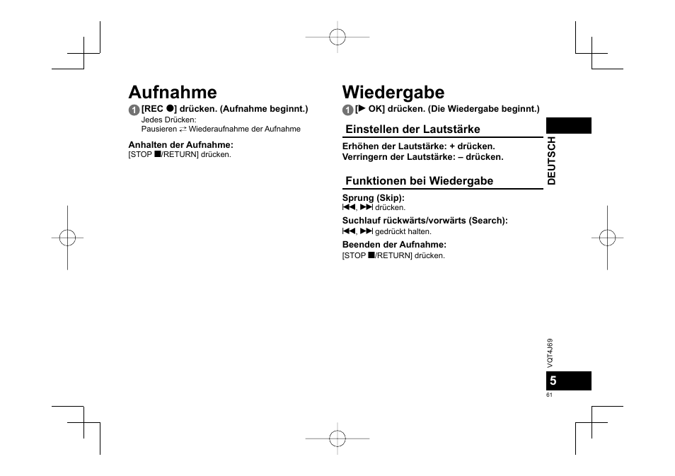 Aufnahme, Wiedergabe | Panasonic RRXS350E User Manual | Page 61 / 178