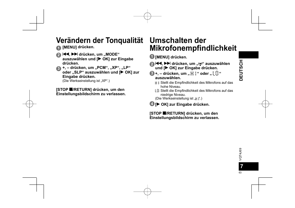 Verändern der tonqualität, Umschalten der mikrofonempfindlichkeit | Panasonic RRXS350E User Manual | Page 63 / 178