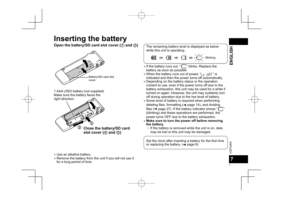 Inserting the battery | Panasonic RRXS350E User Manual | Page 7 / 178