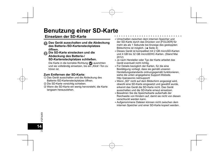 Benutzung einer sd-karte, Einsetzen der sd-karte | Panasonic RRXS350E User Manual | Page 70 / 178