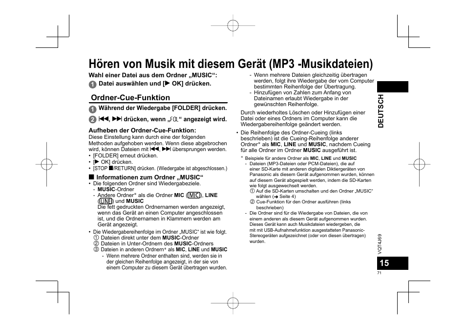 Ordner-cue-funktion | Panasonic RRXS350E User Manual | Page 71 / 178