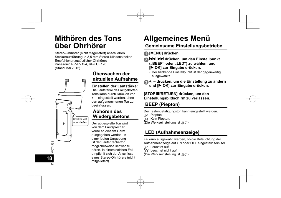 Mithören des tons über ohrhörer, Allgemeines menü | Panasonic RRXS350E User Manual | Page 74 / 178