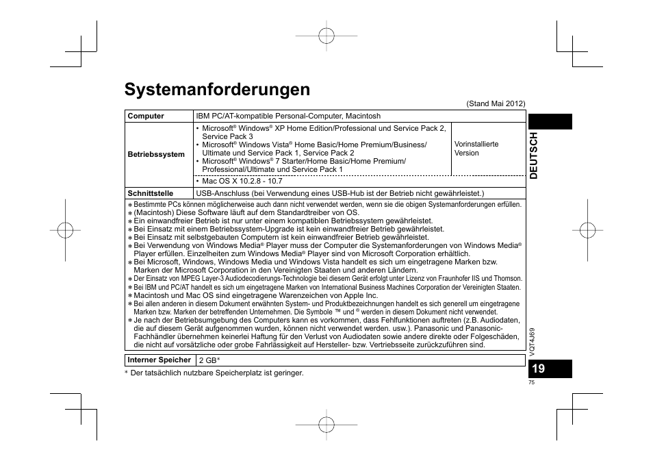 Systemanforderungen | Panasonic RRXS350E User Manual | Page 75 / 178