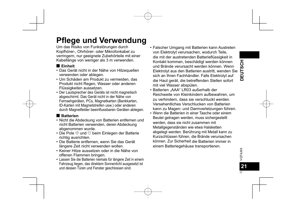 Pflege und verwendung | Panasonic RRXS350E User Manual | Page 77 / 178