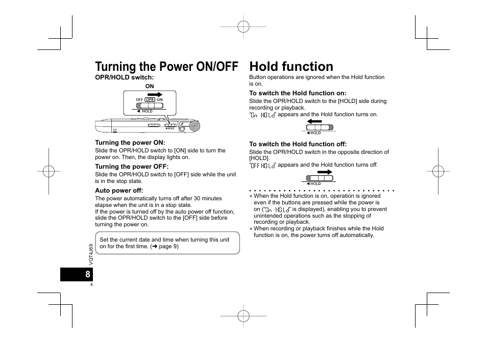 Turning the power on/off hold function | Panasonic RRXS350E User Manual | Page 8 / 178