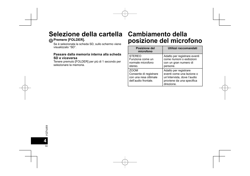 Selezione della cartella, Cambiamento della posizione del microfono | Panasonic RRXS350E User Manual | Page 84 / 178