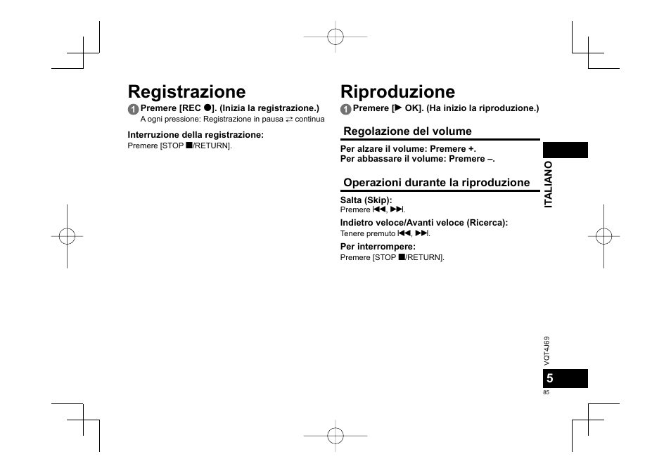 Registrazione, Riproduzione | Panasonic RRXS350E User Manual | Page 85 / 178