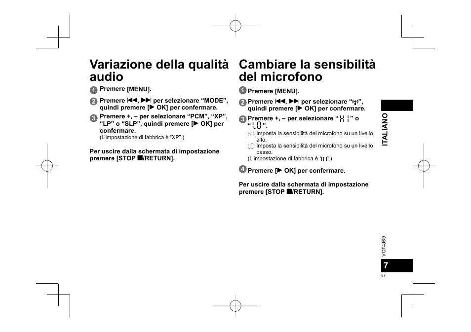 Variazione della qualità audio, Cambiare la sensibilità del microfono | Panasonic RRXS350E User Manual | Page 87 / 178