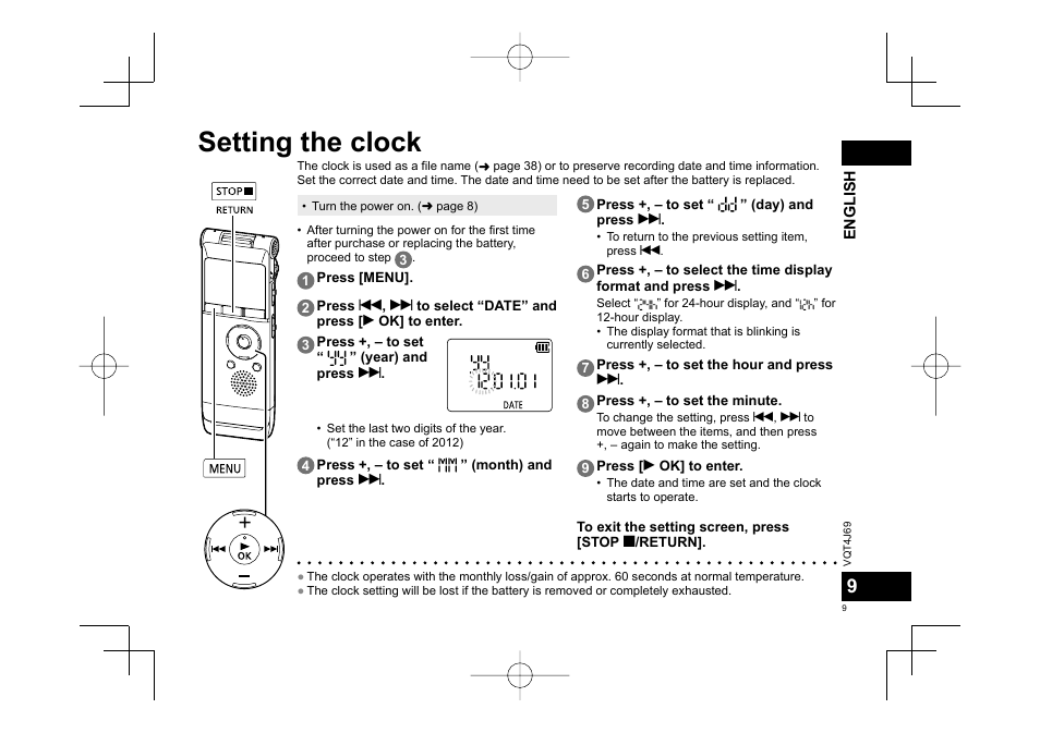 Setting the clock | Panasonic RRXS350E User Manual | Page 9 / 178