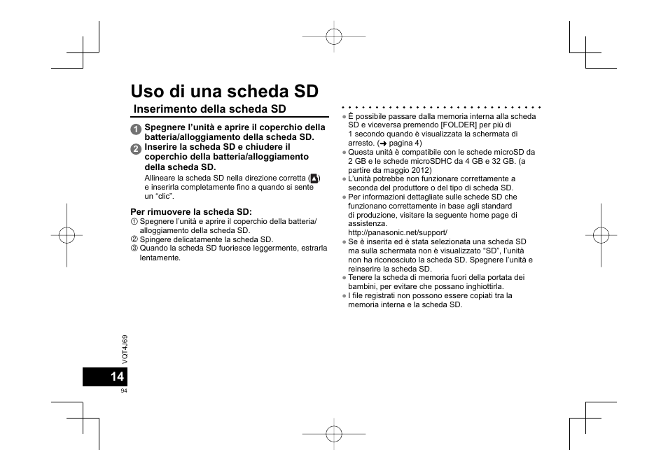 Uso di una scheda sd, Inserimento della scheda sd | Panasonic RRXS350E User Manual | Page 94 / 178