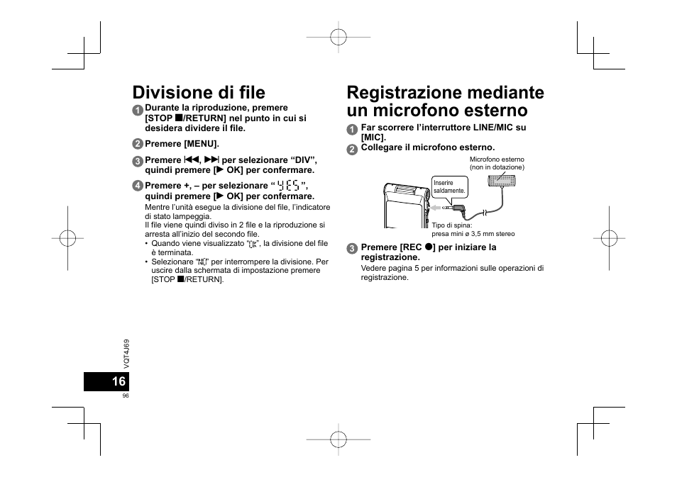 Divisione di file, Registrazione mediante un microfono esterno | Panasonic RRXS350E User Manual | Page 96 / 178