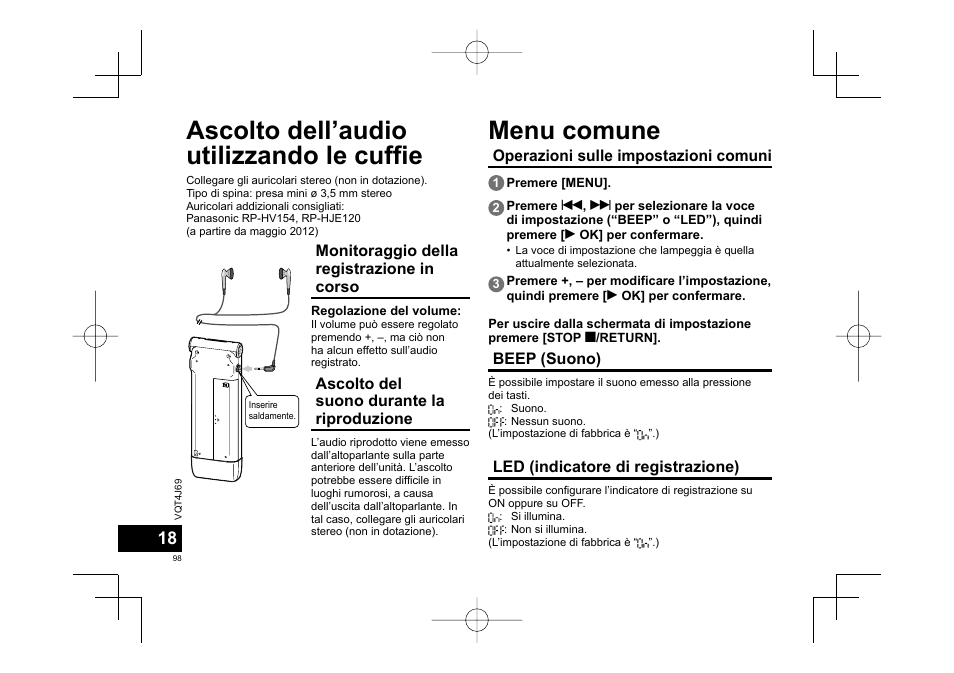 Ascolto dell’audio utilizzando le cuffie, Menu comune | Panasonic RRXS350E User Manual | Page 98 / 178