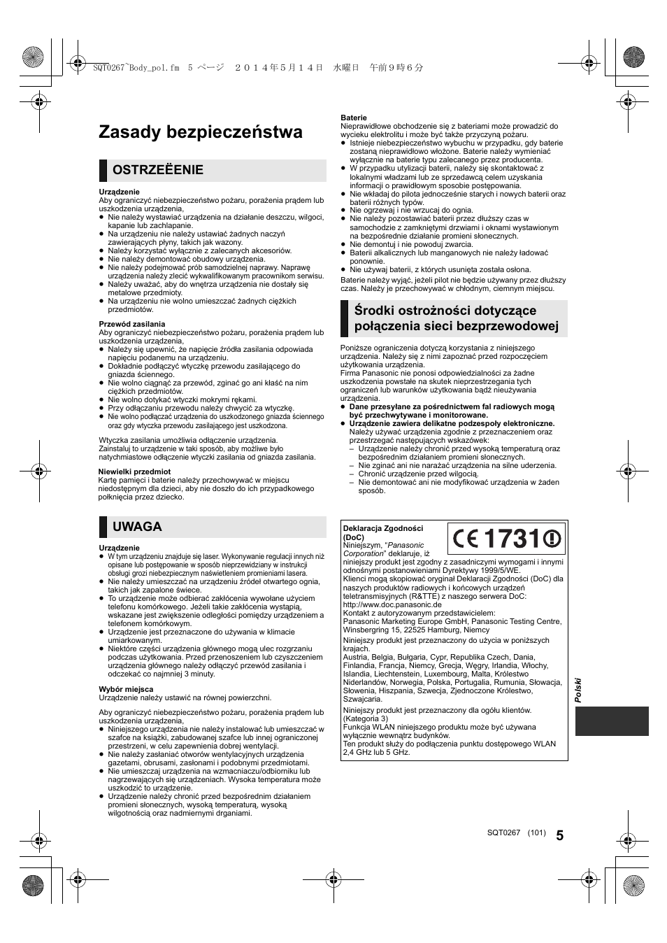 Zasady bezpieczeństwa, Ostrzeëenie, Uwaga | Panasonic DMPBDT700 User Manual | Page 101 / 112