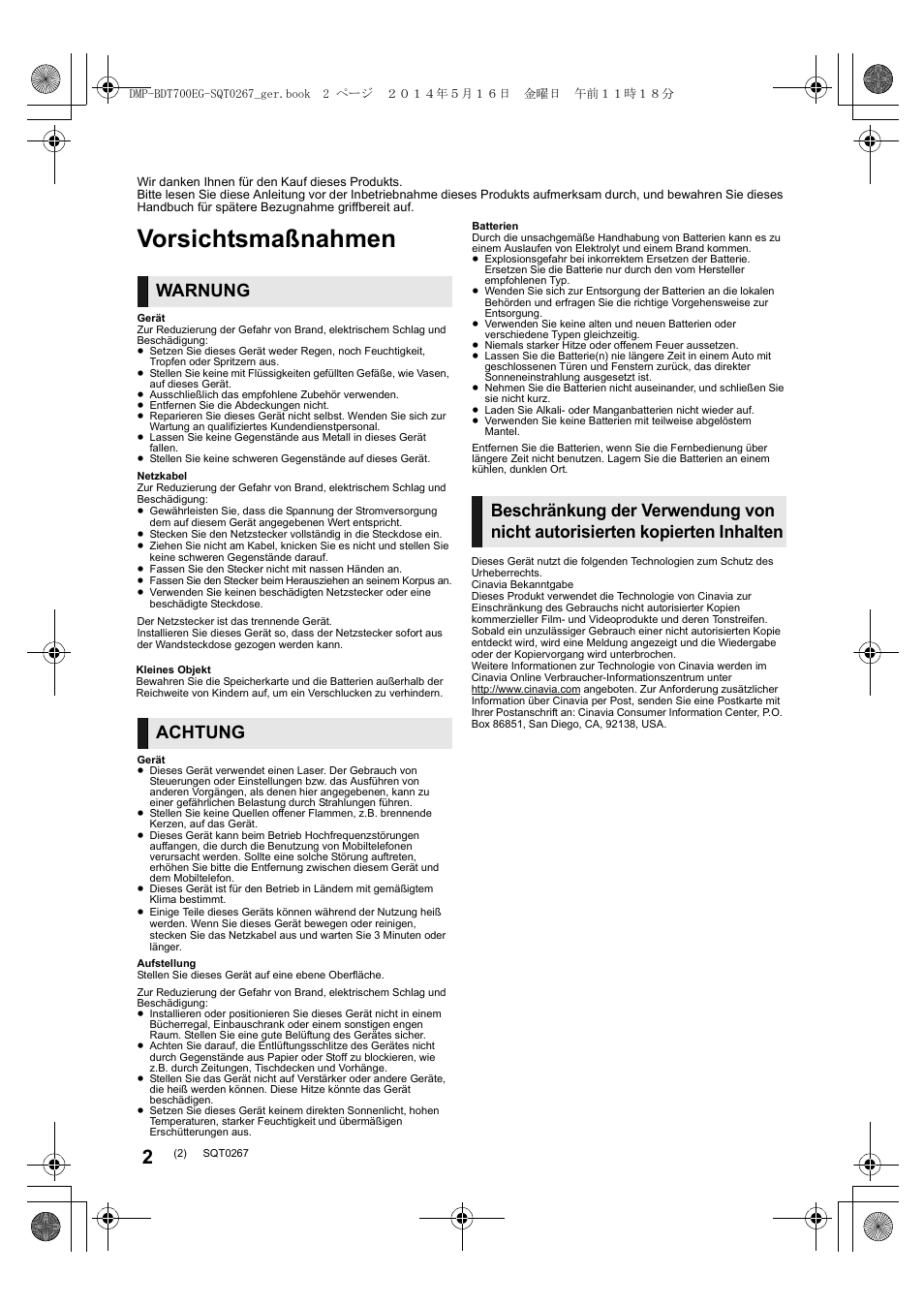 Vorsichtsmaßnahmen, Warnung, Achtung | Panasonic DMPBDT700 User Manual | Page 2 / 112