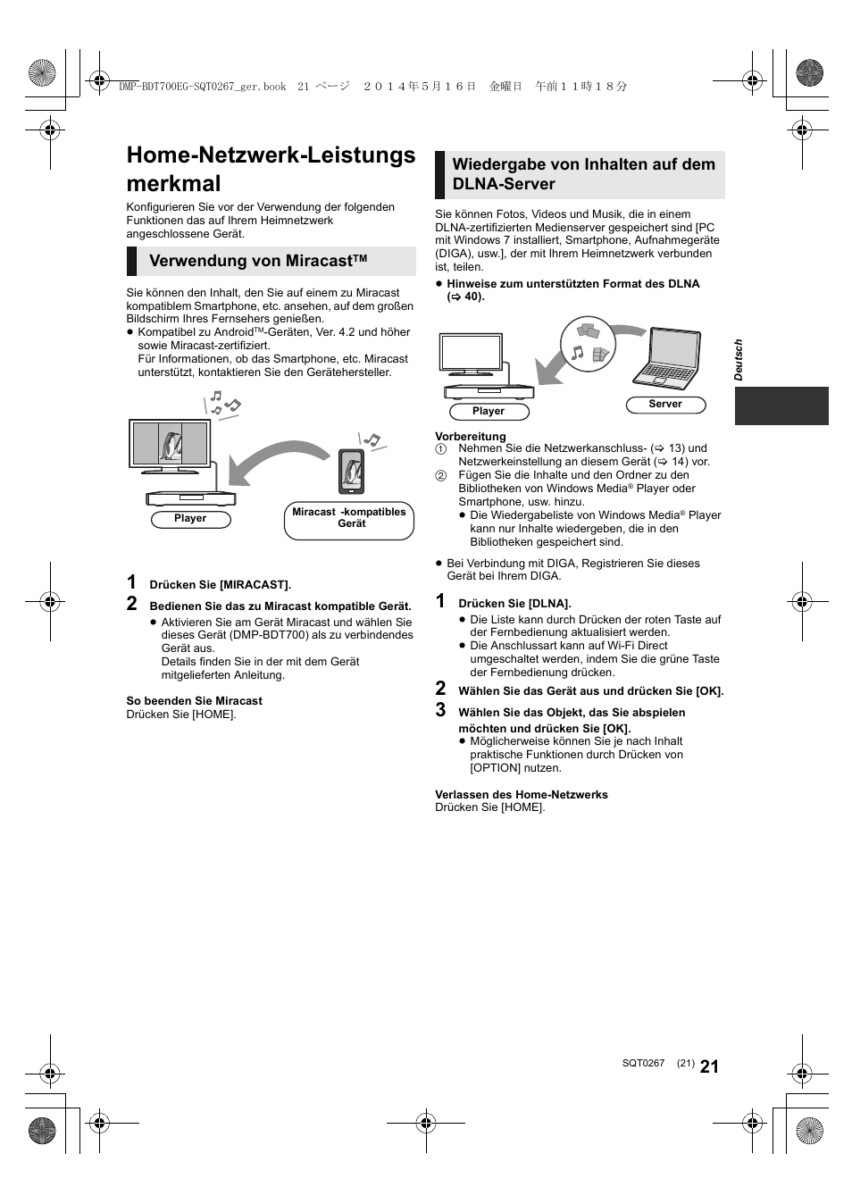 Home-netzwerk-leistungs merkmal, Verwendung von miracast, Wiedergabe von inhalten auf dem dlna-server | Panasonic DMPBDT700 User Manual | Page 21 / 112