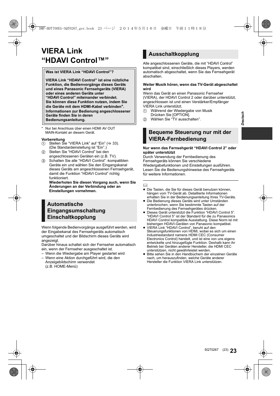 Viera link “hdavi control | Panasonic DMPBDT700 User Manual | Page 23 / 112