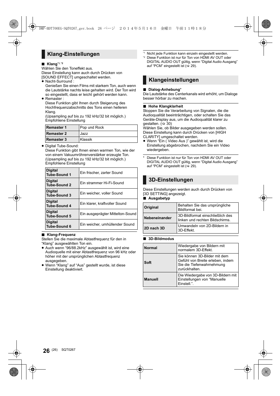 Klang-einstellungen, Klangeinstellungen 3d-einstellungen | Panasonic DMPBDT700 User Manual | Page 26 / 112