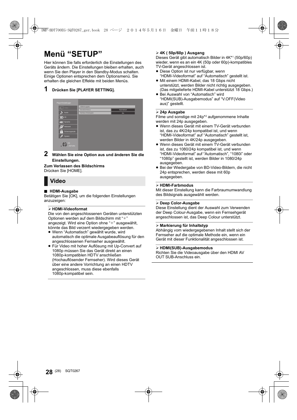 Menü “setup, Video | Panasonic DMPBDT700 User Manual | Page 28 / 112