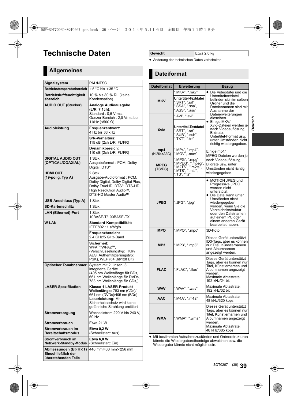 Technische daten, Allgemeines, Dateiformat | Panasonic DMPBDT700 User Manual | Page 39 / 112