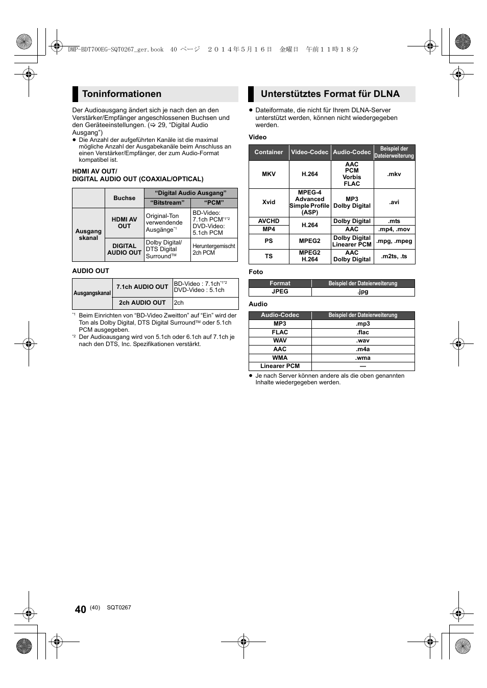 Toninformationen, Unterstütztes format für dlna | Panasonic DMPBDT700 User Manual | Page 40 / 112