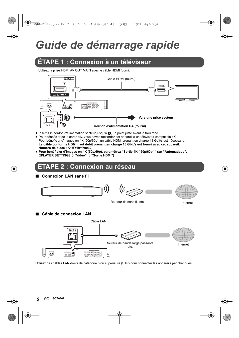 Guide de démarrage rapide, Étape 1 : connexion à un téléviseur, Étape 2 : connexion au réseau | Panasonic DMPBDT700 User Manual | Page 50 / 112