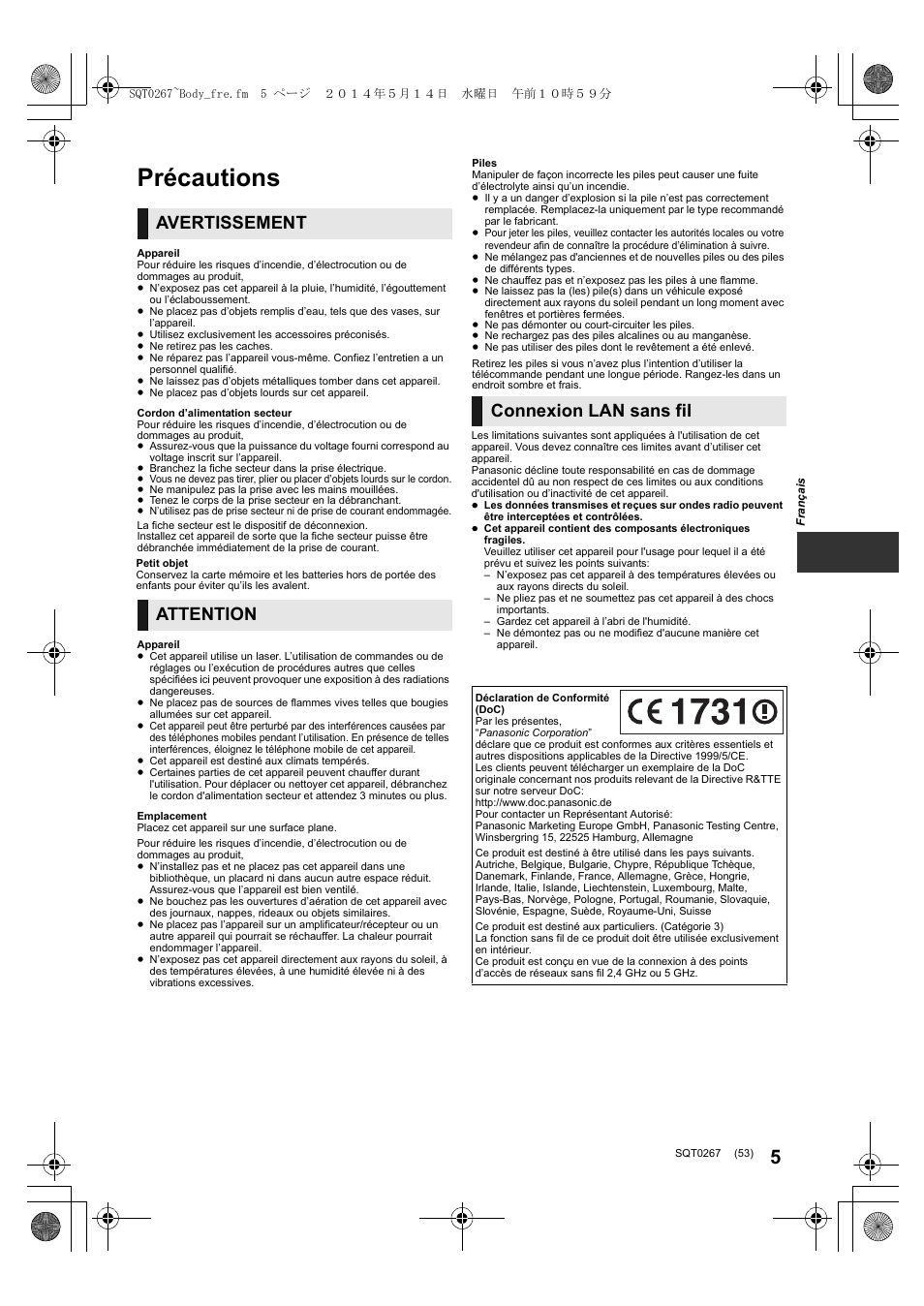 Précautions, Avertissement, Attention | Connexion lan sans fil | Panasonic DMPBDT700 User Manual | Page 53 / 112