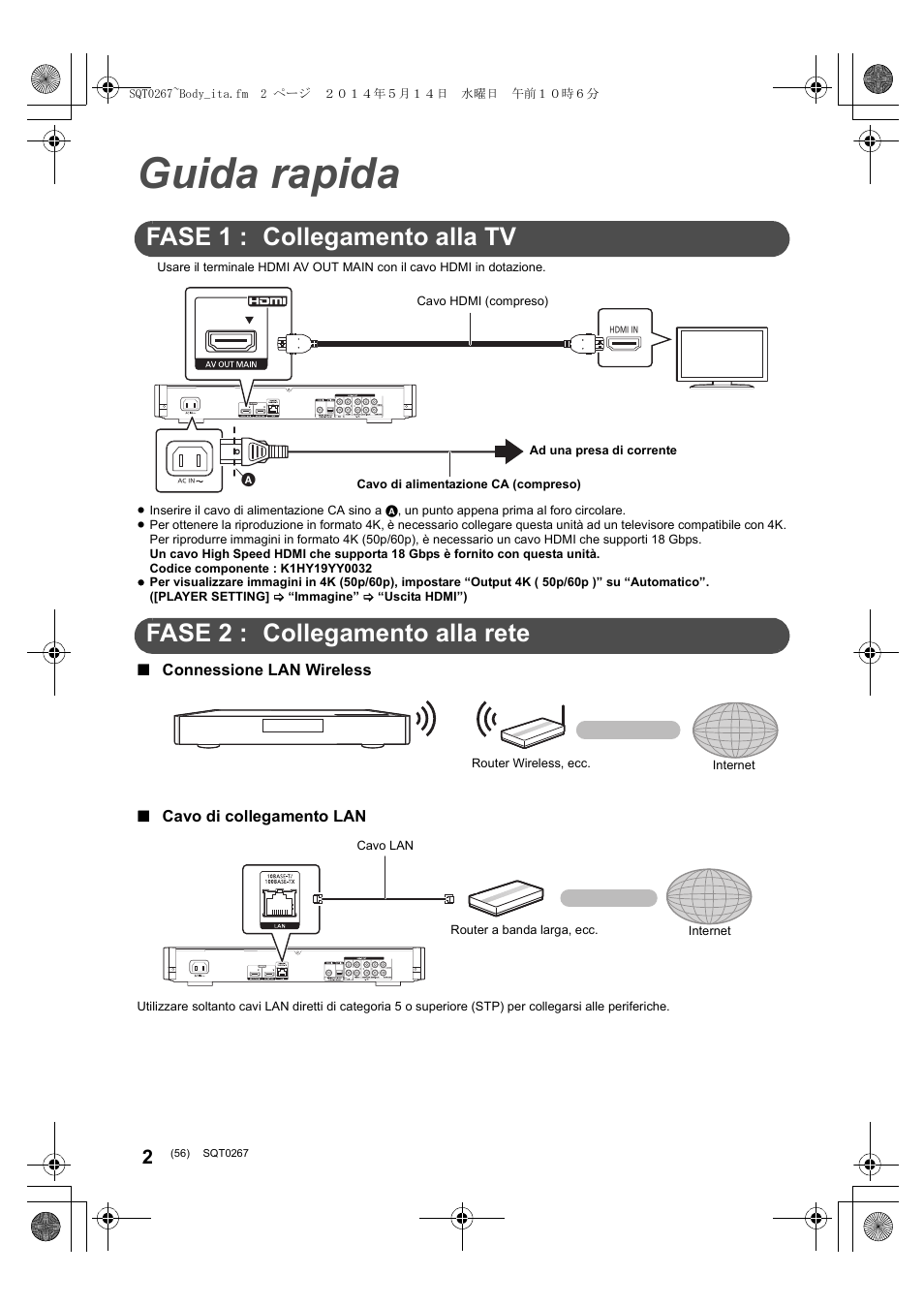 Guida rapida, Fase 1 : collegamento alla tv, Fase 2 : collegamento alla rete | Panasonic DMPBDT700 User Manual | Page 56 / 112