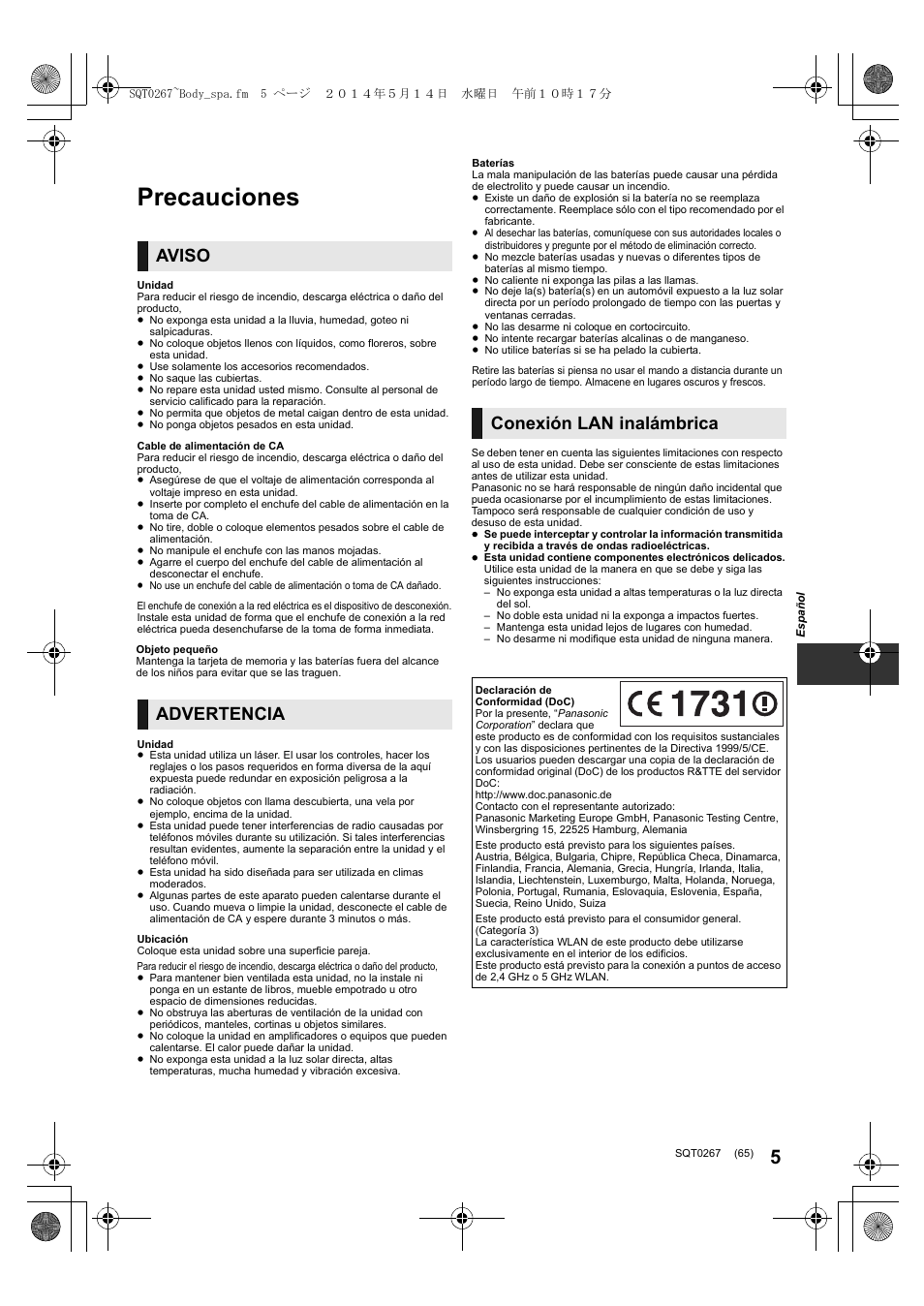 Precauciones, Aviso, Advertencia | Conexión lan inalámbrica | Panasonic DMPBDT700 User Manual | Page 65 / 112