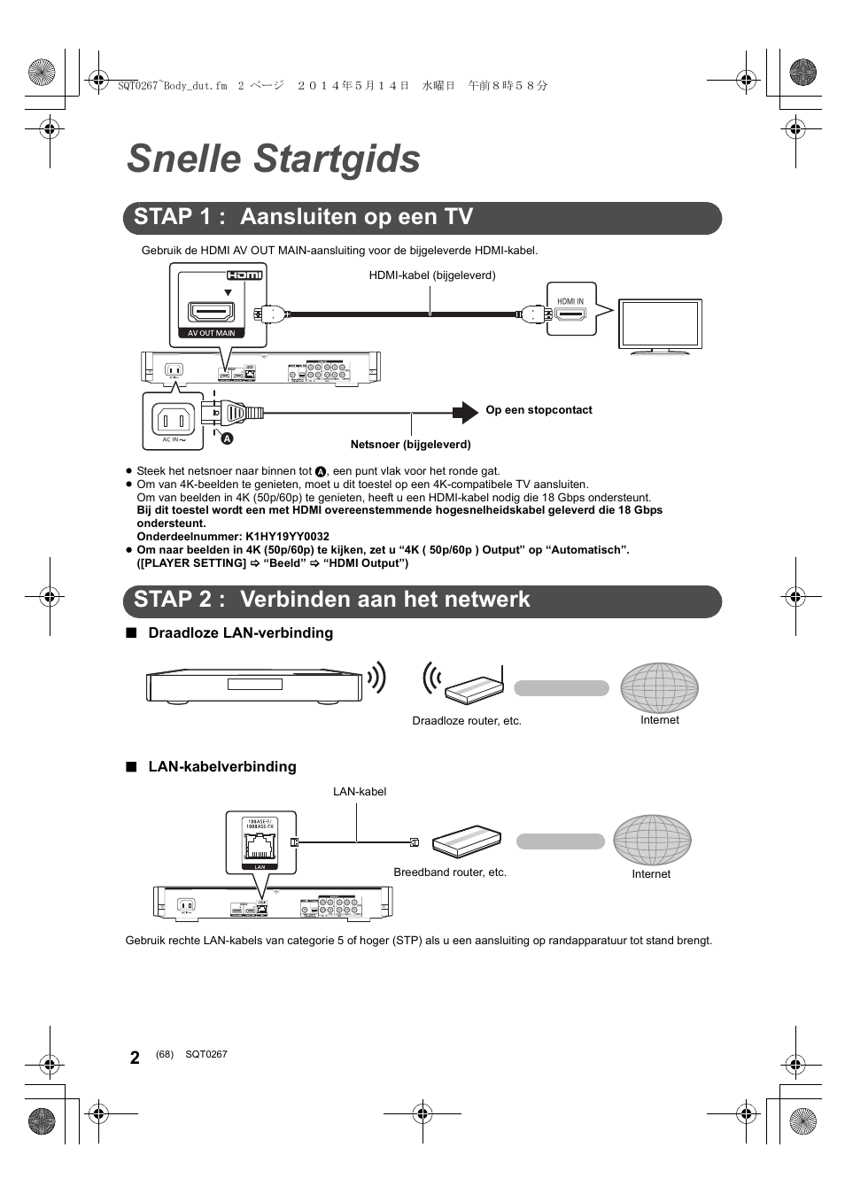 Snelle startgids, Stap 1 : aansluiten op een tv, Stap 2 : verbinden aan het netwerk | Panasonic DMPBDT700 User Manual | Page 68 / 112