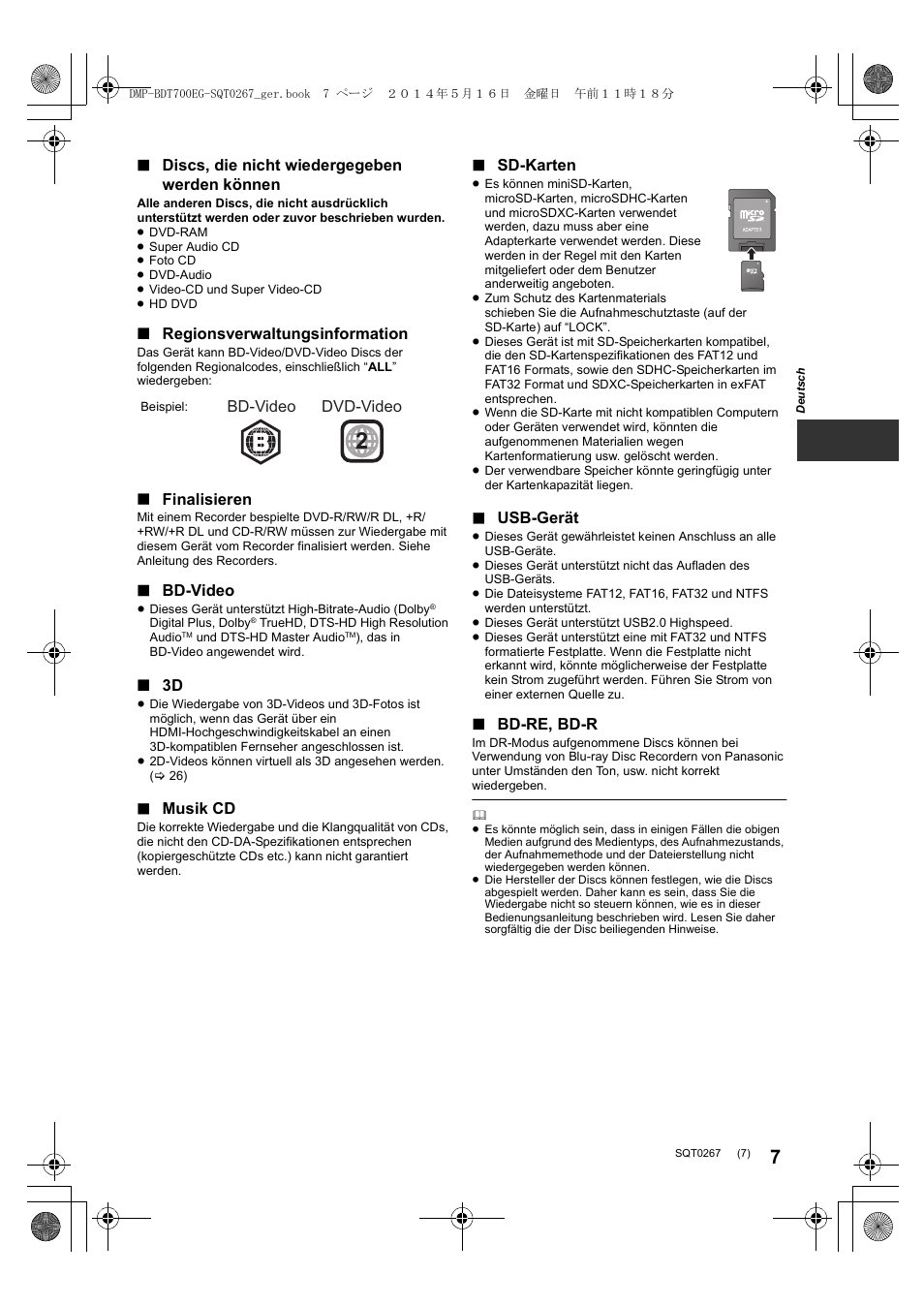 Discs, die nicht wiedergegeben werden können, Regionsverwaltungsinformation ∫ finalisieren, Bd-video | Musik cd, Sd-karten, Usb-gerät, Bd-re, bd-r, Bd-video dvd-video | Panasonic DMPBDT700 User Manual | Page 7 / 112